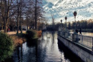 Lago lombardo incantevole, circondato da verdi colline e boschi, evocando atmosfere fiabesche.