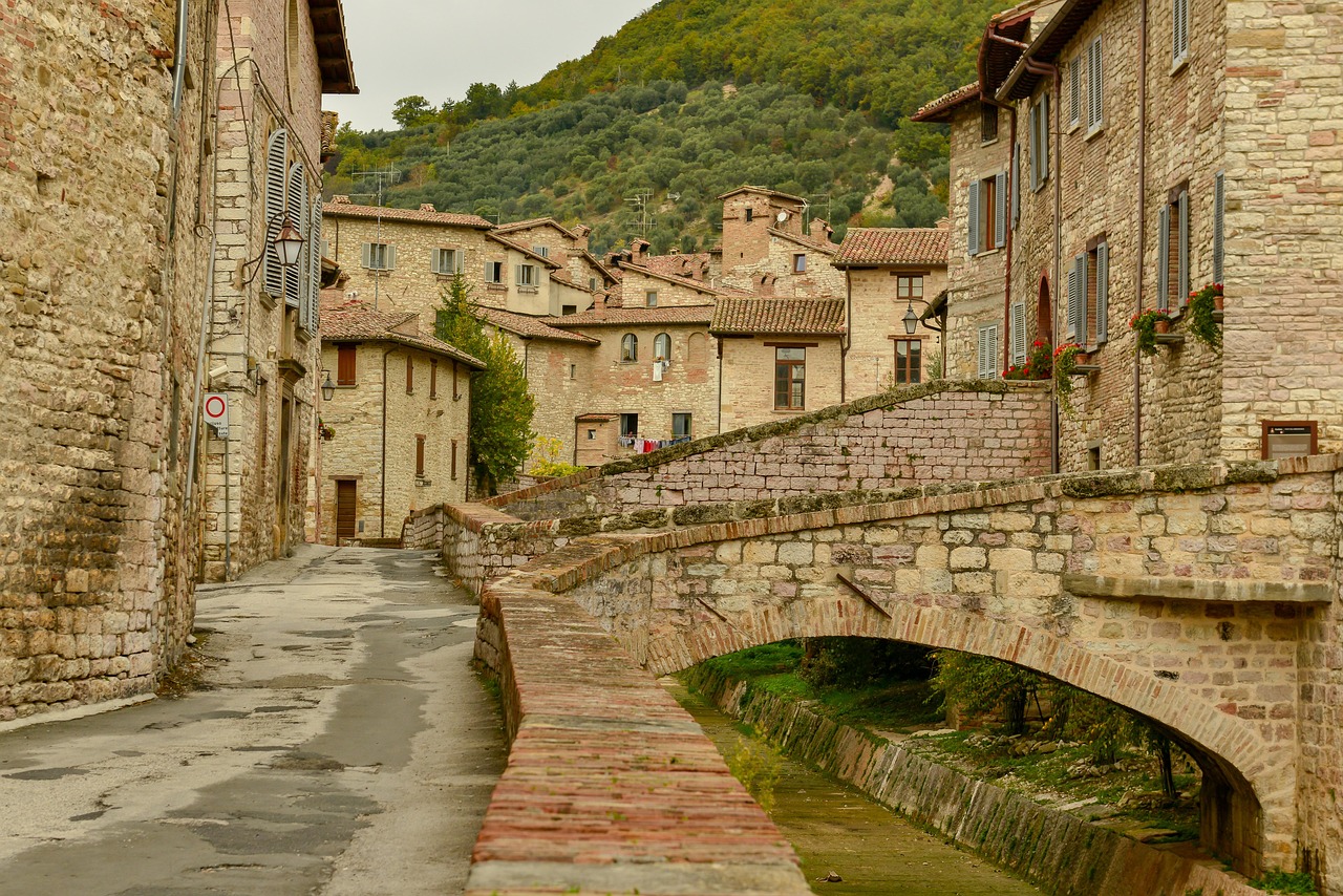 Vista panoramica del borgo caratteristico in Emilia Romagna, con strade acciottolate e edifici storici.