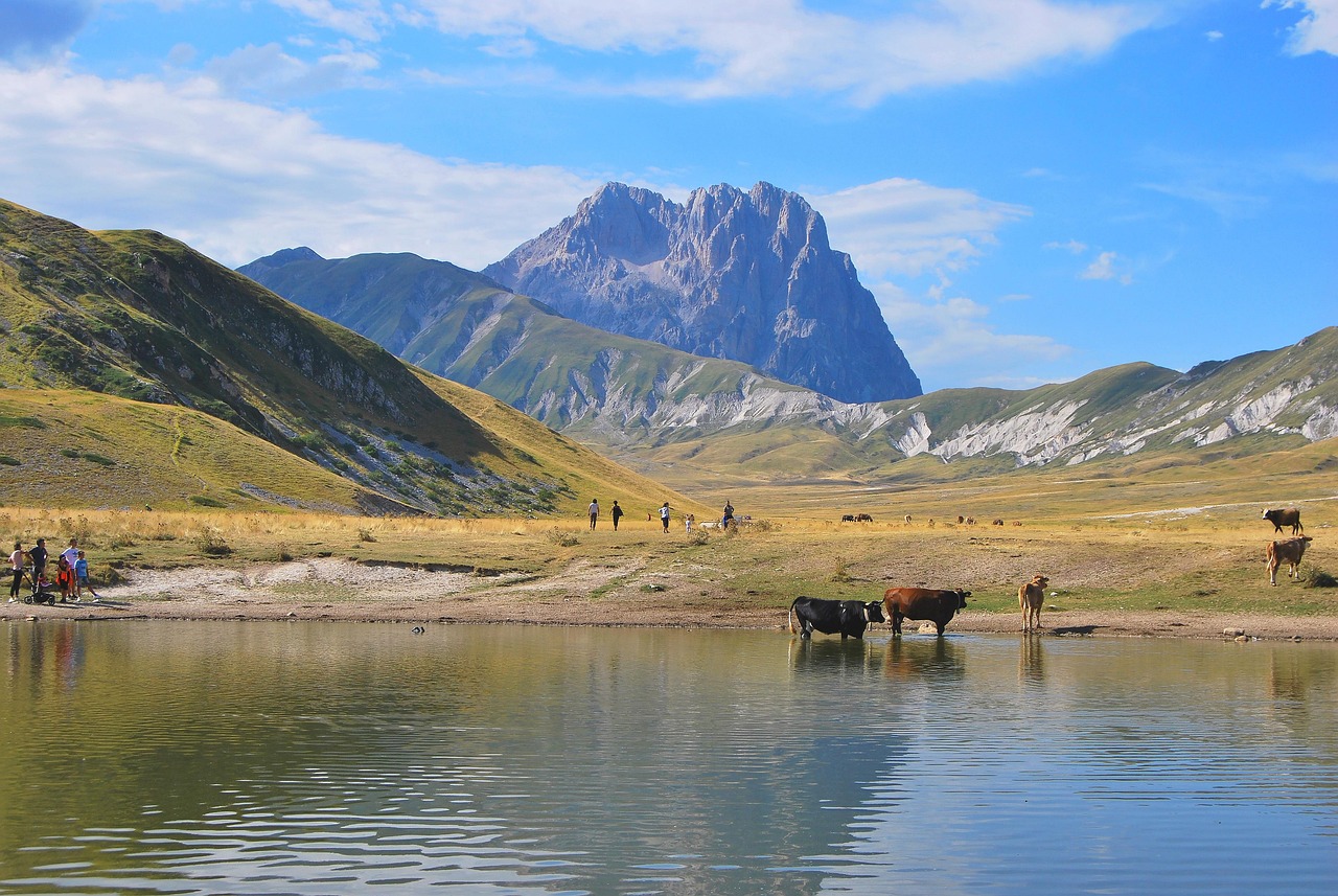 Paesaggio della riserva naturale in Abruzzo con animali rari e vegetazione lussureggiante.