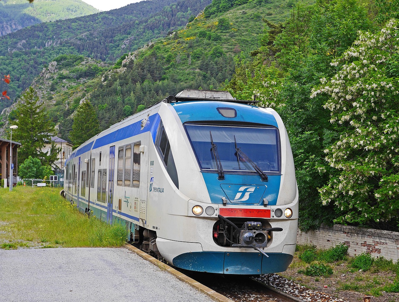 Panorama della ferrovia transiberiana d'Italia, circondata da montagne innevate e paesaggi suggestivi.
